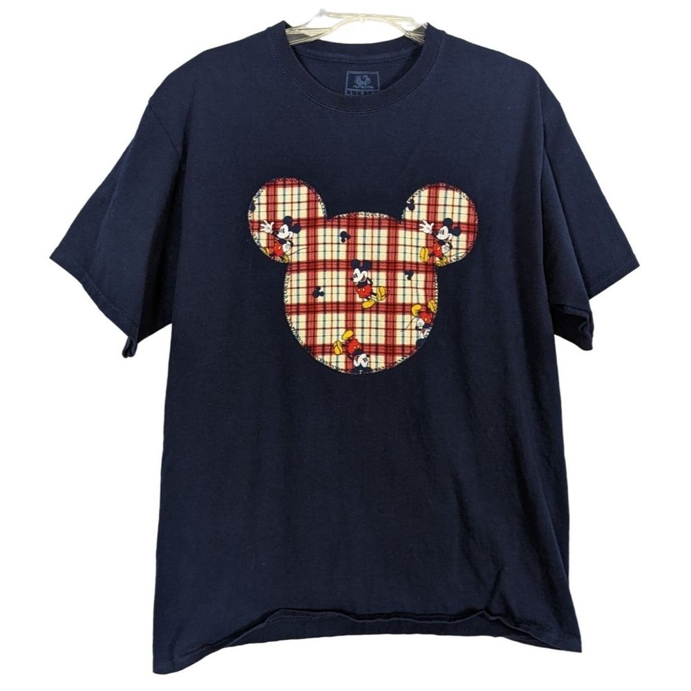 Fruit of the Loom Navy blue Mickey Mouse Plaid homemade? Tshirt Tee size L